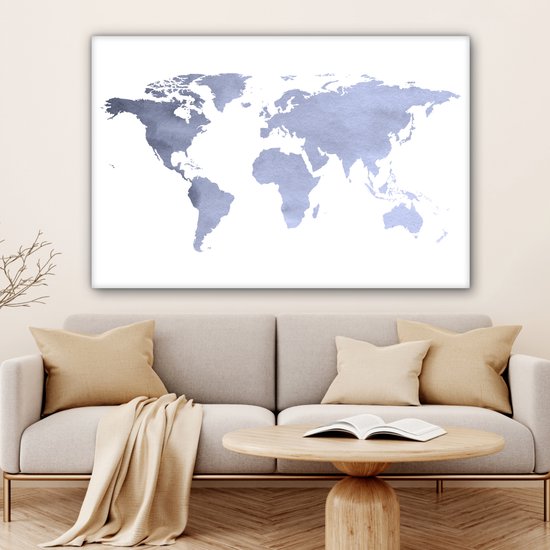 Wereldkaart avec des couleurs bleu violet et un motif texturé sur fond blanc 140x90 cm