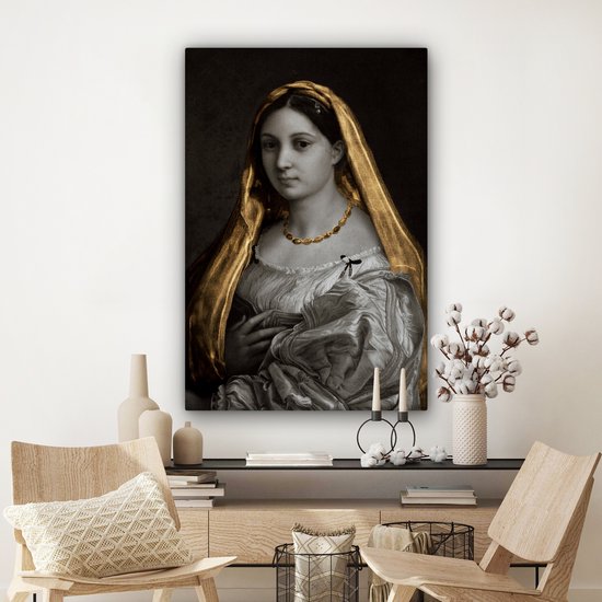 Canvas doek - De gesluierde vrouw - Goud - Kunst - 90x140 cm - Oude meesters - Raffaeolo Sanzio - Tinten - Woonkamer