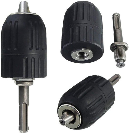 Zwarte boorkop met metalen SDS-adapter, afmetingen en detailweergaven.