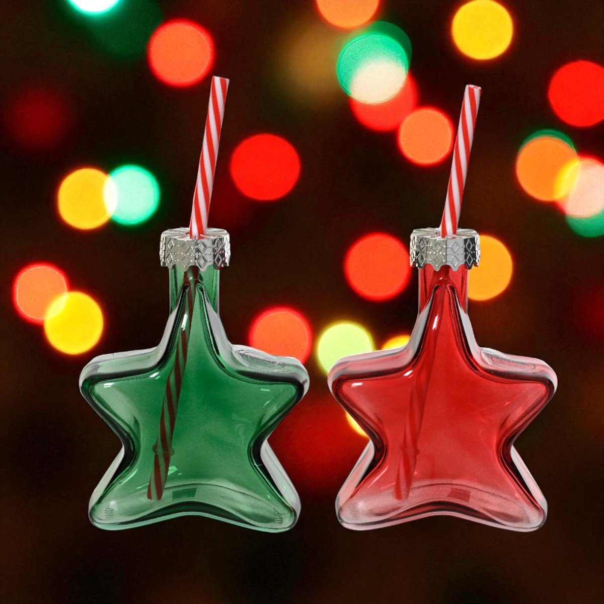 Set van 2 stervormige kerstbekers van glas met rietje – rood & groen