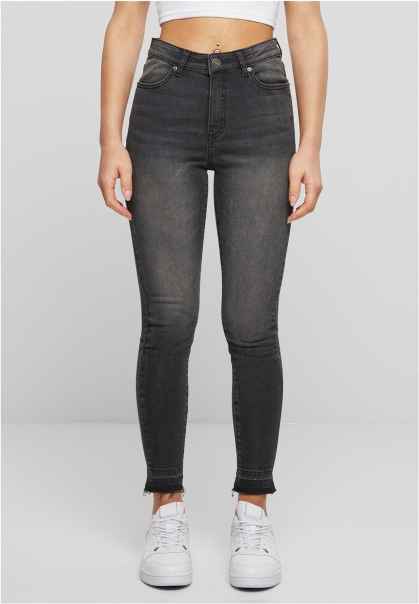 Urban Classics Damen Ladies Skinny High Waist Open Hem Jeans TB6865 Washed-32 Zwart