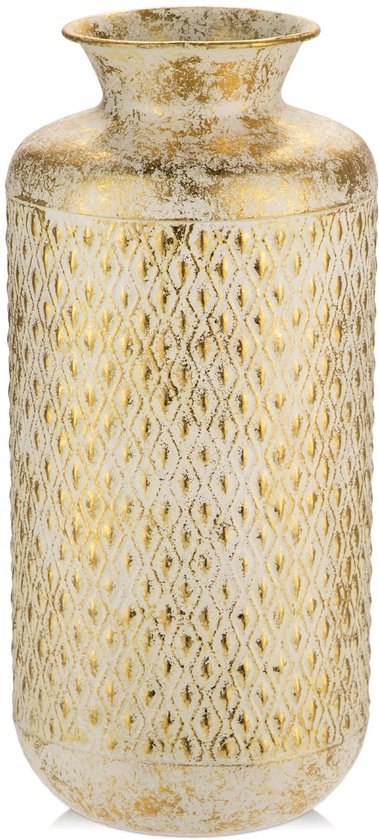Bloemenvaas - Rustieke Gouden Metalen Decoratievaas met Wit Patroon - Voor Bloemschikken, Droogbloemen en Decoratie - 35,5 cm Hoog