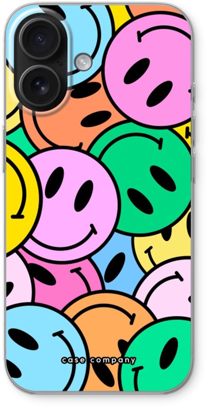 Telefoonhoesje met een patroon van veelkleurige smiley-gezichten in pastelkleuren.