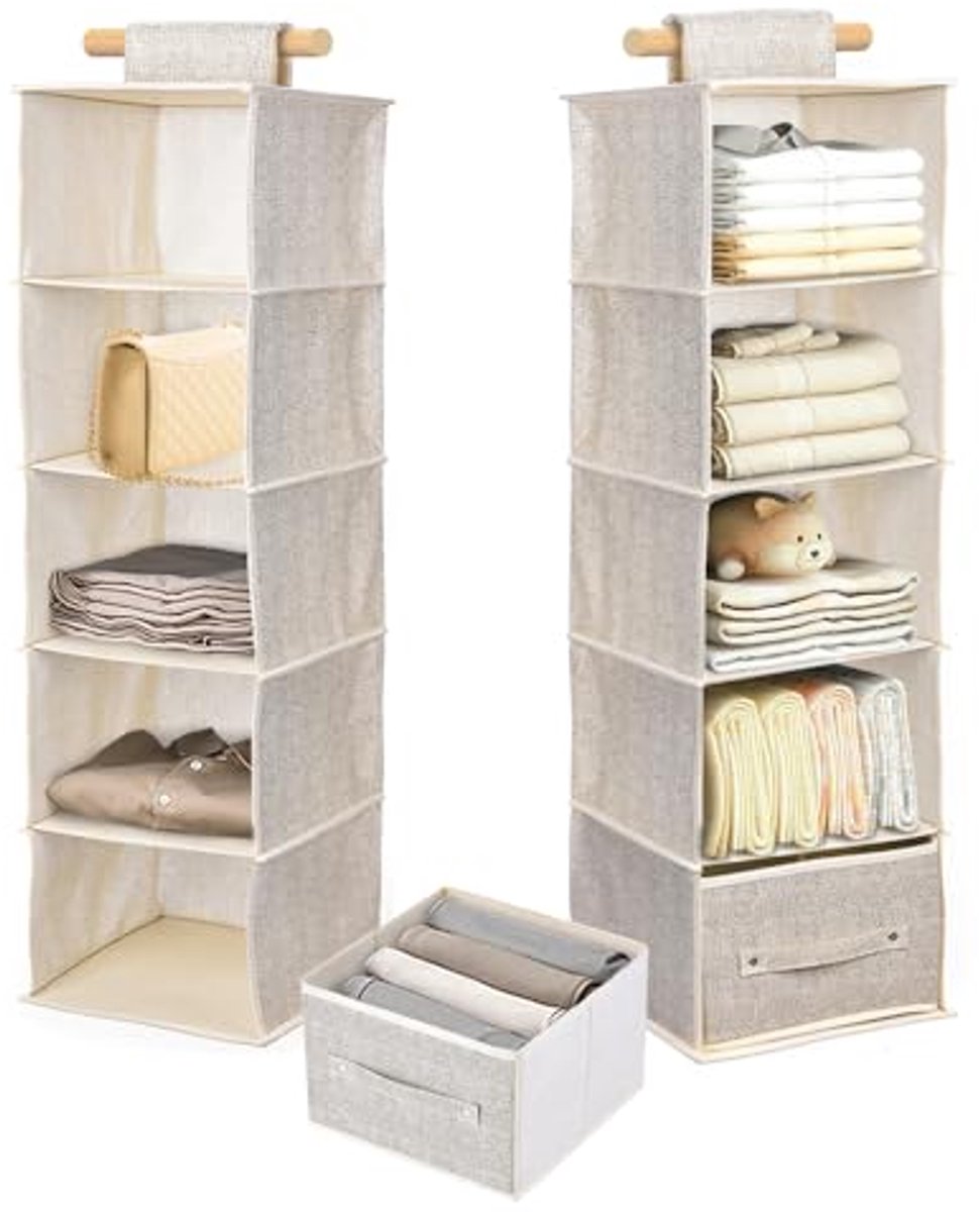 Hangende opbergorganisatoren met 2 uitneembare laden - Kledingkast opslagplanken (beige)
