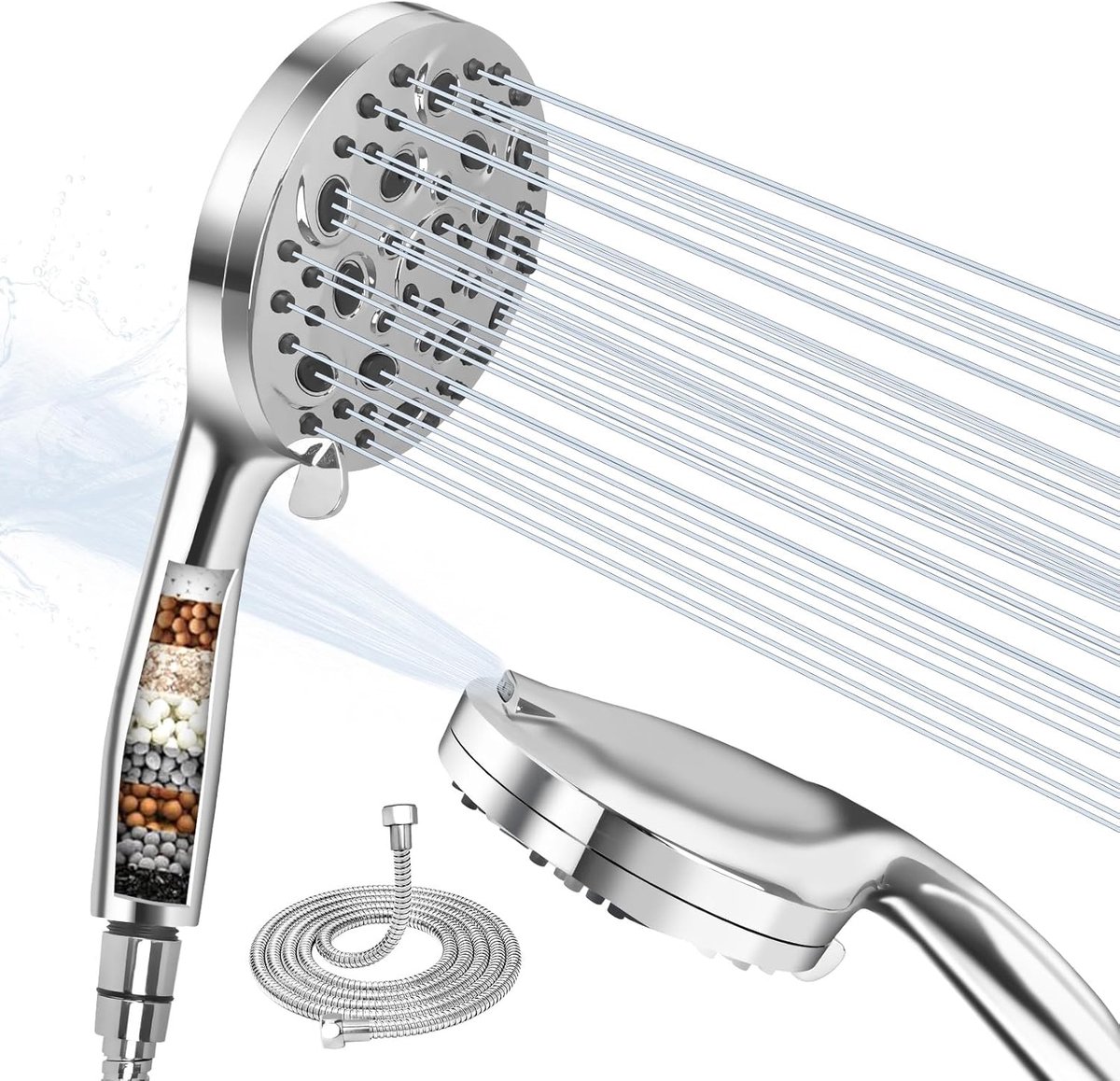 Douchekop met 1.5 m Slang - 10 Jets - Waterbesparing met Siliconen Doppen - Eén Knop Stop