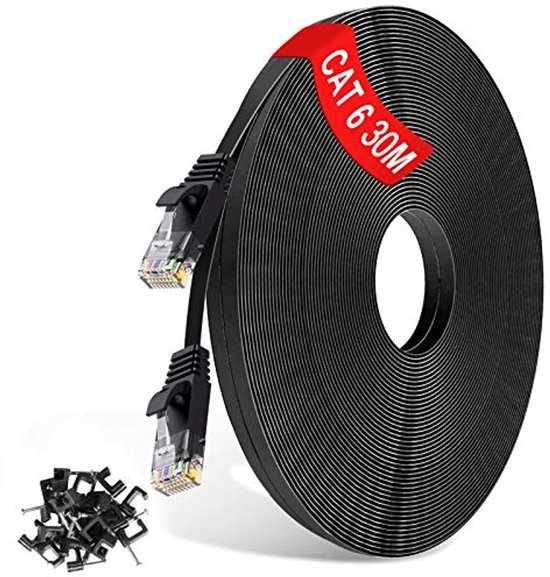 Câble Ethernet Plat Cat 6 50m – RJ45 Gigabit 1000 Mbps Haut Débit, Noir, Intérieur/Extérieur Pour Routeur PC Switch