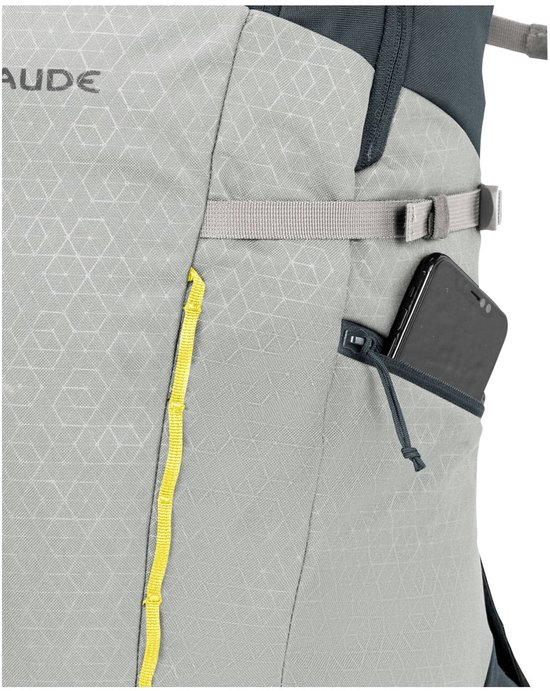 Grijze Vaude rugzak met vak voor smartphone.