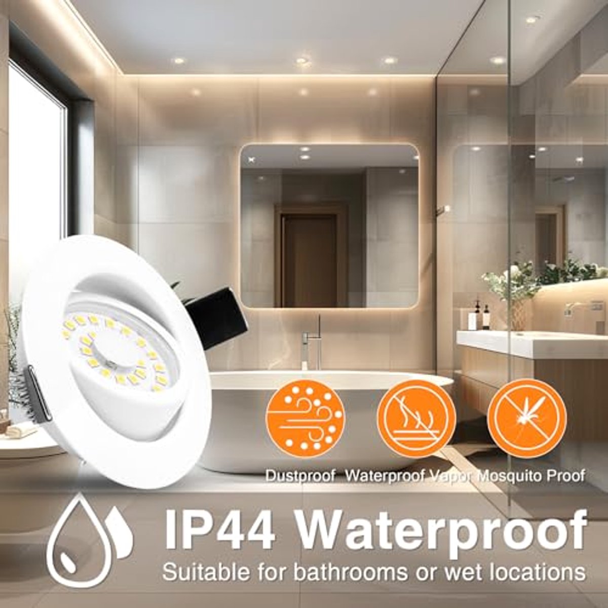 Dimbare LED inbouwspot - Extra platte inbouwverlichting voor badkamer en slaapkamer - Warmwit 3000K - 5W - IP44 - Draaibaar - 68 mm - Set van 6