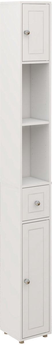 Merax Hoge Smalle Badkamerkast – 180 cm Vrijstaande Opbergkast – Witte Kast met 1 Lade – 2 Deuren – 4 Verstelbare Planken – Slanke Kolomkast voor Badkamer of Hal