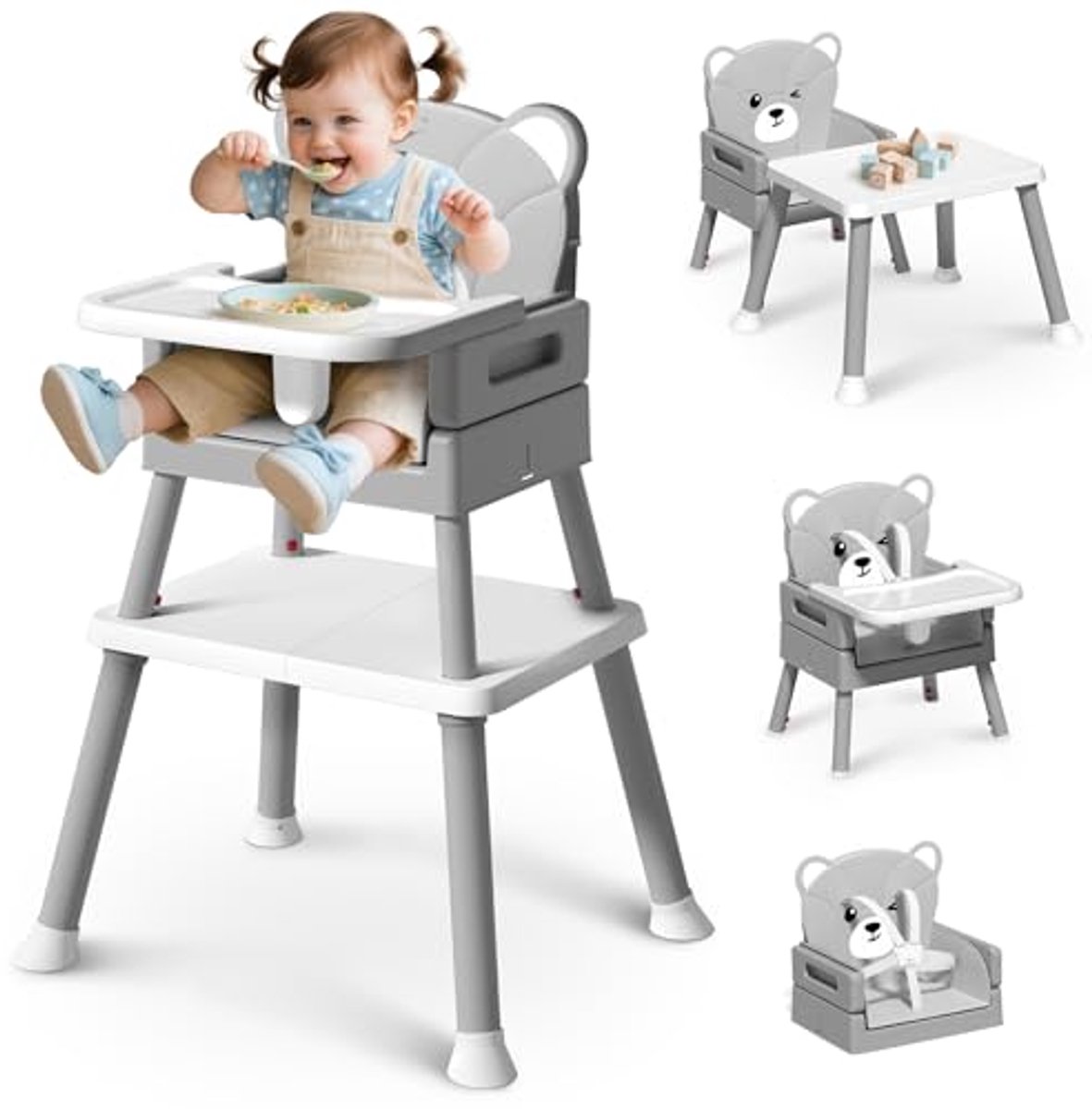 Image of 6-in-1 kinderstoel voor baby's en kinderen - uitbreidbare multifunctionele stoel met afneembaar dienblad en 5-punts veiligheidsgordel