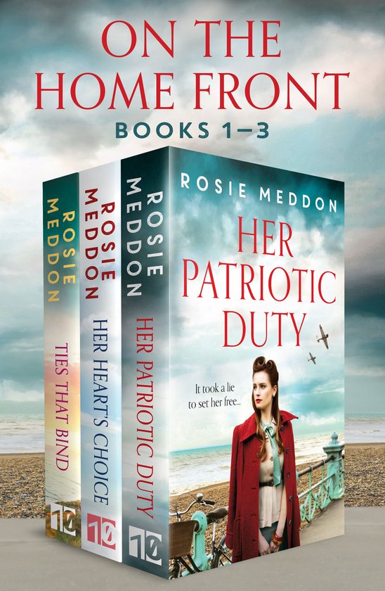 Boxset met drie boeken 'On the Home Front' door Rosie Meddon, met een vrouw in jaren 40-stijl op het strand.