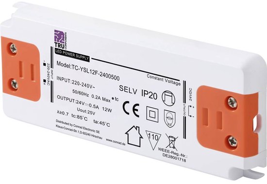 Transformateur LED TRU COMPONENTS TC-YSL12F-2400500, tension constante, 12 W, 0,5 A, 24 V/ DC, adapté aux meubles et aux spas.