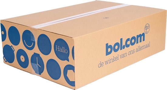 Bruine kartonnen doos met blauwe cirkels en bol.com logo. Tekst: 'Hallo' en 'de winkel van ons allemaal'.