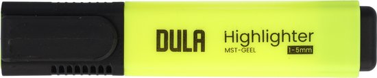 Een enkele gele DULA highlighter met zwarte dop en tekst 'Highlighter 1-5mm'.