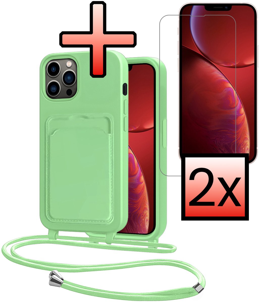Hoes Geschikt voor iPhone 13 Pro Hoesje Pasjeshouder Cover Met Koord Case Siliconen Hoes Met Telefoonkoord en Kaarthouder Met 2x Screenprotector - Groen