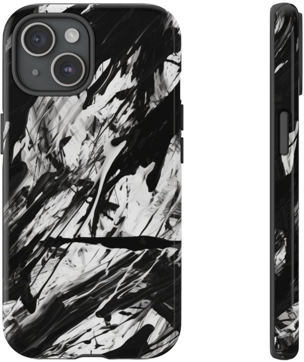 Zwart-Witte Abstracte Penseelstreken – Telefoonhoesje Geschikt voor iPhone 15