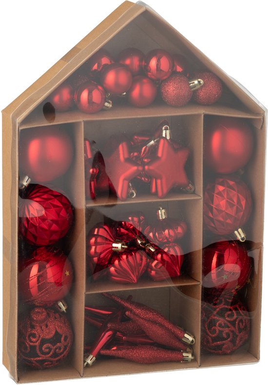 J-Line Boite De 50 Boule De Noël Plastique Rouge Noël