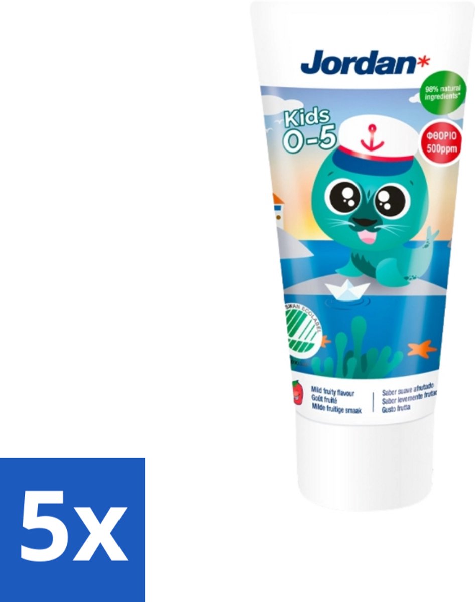 5 x Jordan Tandpasta Kids 0-5 jaar 50 ml - Tandpasta Voor Kinderen - Kindertandpasta - Melkgebit Bescherming - Tandpasta 0-5 Jaar - Fluoride 1450 Ppm
