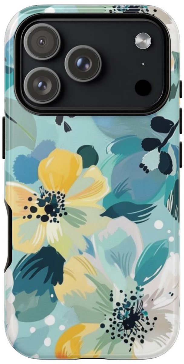 Turquoise Bloemenpatroon met Stippen – Telefoonhoesje Geschikt voor iPhone 17 Pro