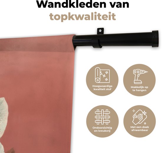 Detail van een wandkleed met tropische bladeren, met iconen voor kwaliteit, ophangen, kreukvrij en reinigen.