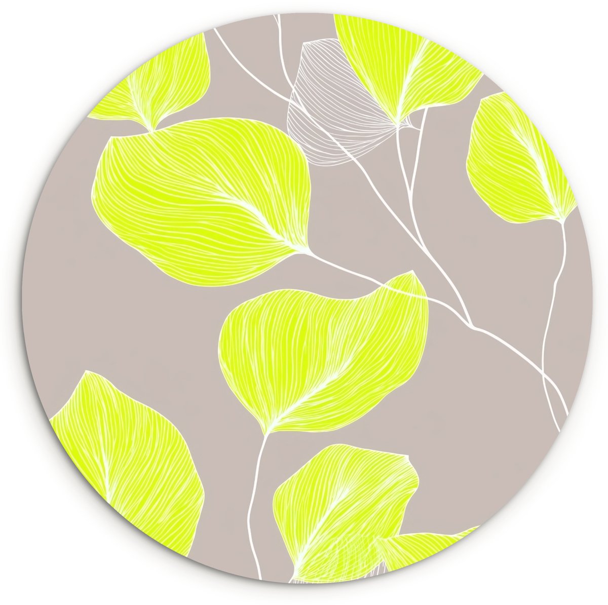 WallCircle Wandcirkel 140x140 cm - Muurcirkel Bladeren - Neon - Geel - Lijnen - Muurdecoratie woonkamer - Wanddecoratie slaapkamer - Kamer decoratie accessoires - Ronde schilderijen Bladeren - Lijnen - Neon