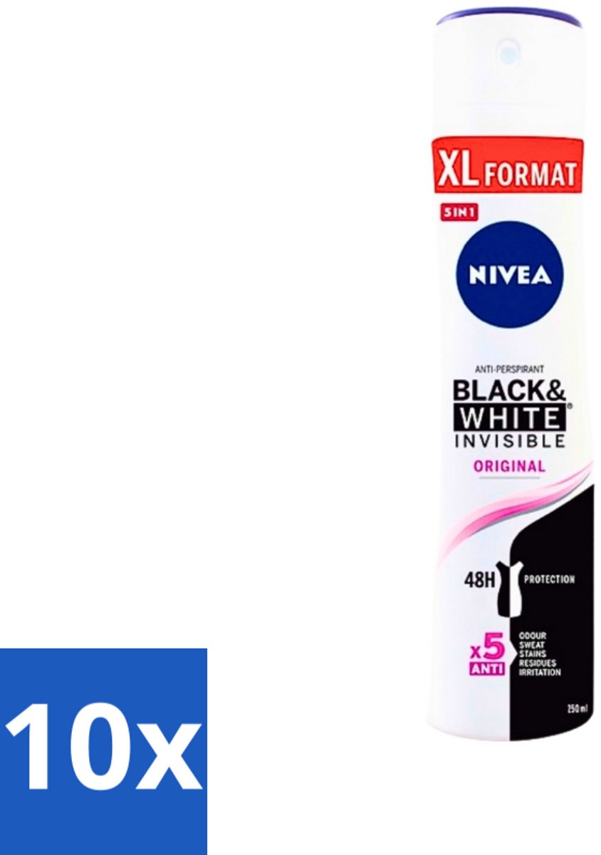 10 x Nivea - Deospray - Invisible Black & White Original - 48 Uur Lang Werkend - 250 ml - Anti-transpirant - Zweetvlekken - Kledingbescherming - Huidvriendelijk - 48 Uur Bescherming
