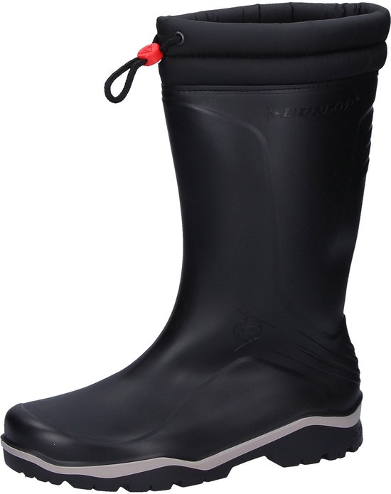 Zwarte Dunlop regenlaars met gepolsterde boord en trekkoord. Textuurdetails op de schacht en zool.