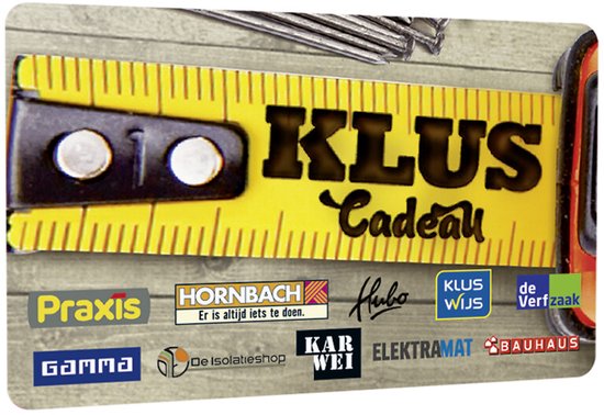 Klus Cadeau cadeaukaart met gele meetlint en logo's van Praxis, Hornbach en Gamma.