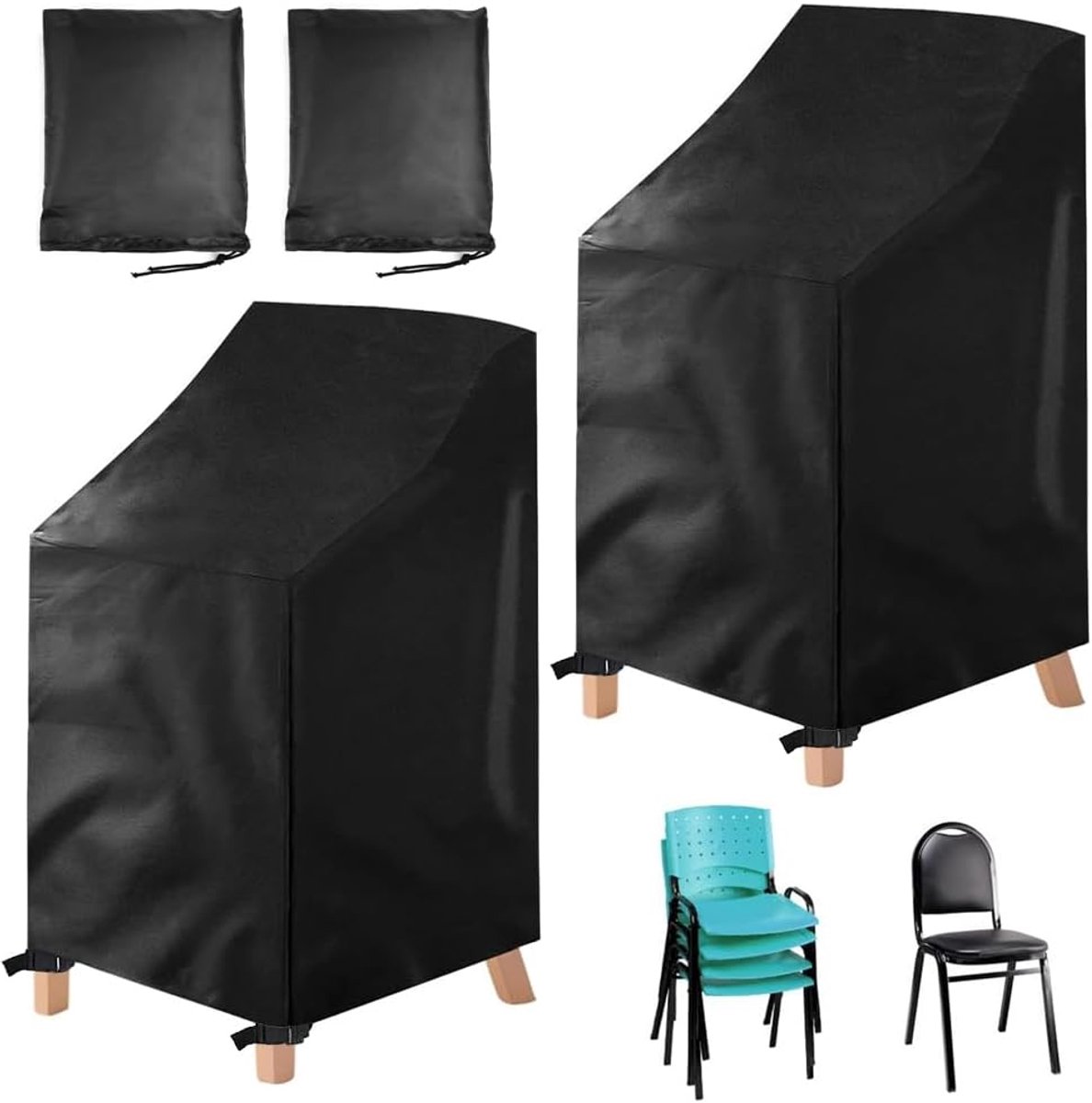 Ynkkvre Set van 2 Tuinstoelhoezen 75 x 75 x 120 cm - Beschermhoes voor Stapelstoelen van Oxford Stof - Waterdicht en Winterbestendig Stoelhoezen voor 6 Tuinstoelen Zwart