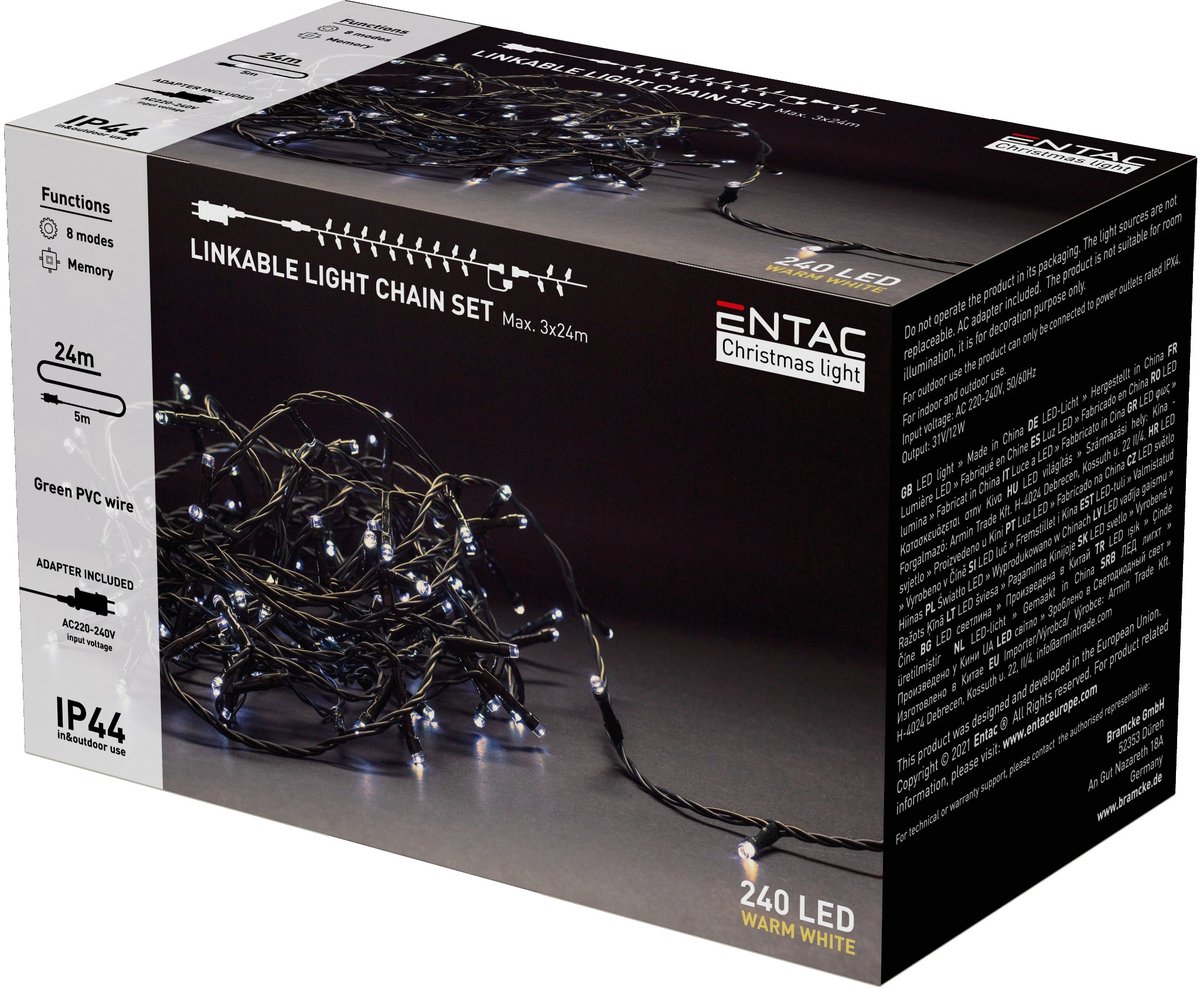 Entac LED Lichtsnoer Kerst 24m - Met Adapter - Kerstverlichting voor Buiten en Binnen - Koppelbaar - Warm Wit Licht