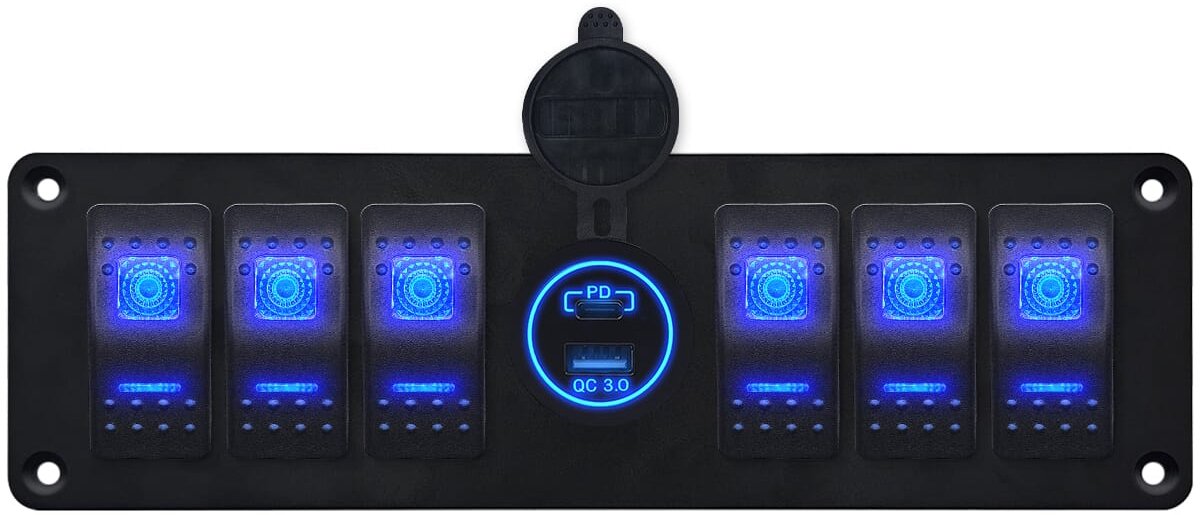 ProRide Schakelpaneel 12V voor Auto/Boot - USB/USB C Stopcontact 2 Poorten - QC3.0 - 6 schakelaars - Blauw
