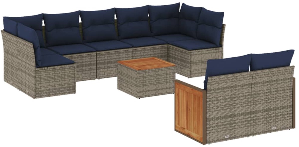 vidaXL - 10-delige - tuinbankset - met - kussens, - grijs - polyrotan
