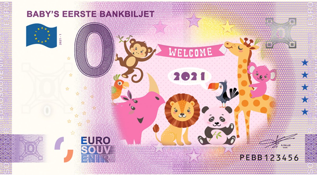 0 Euro biljet Nederland 2021 - Baby's eerste bankbiljet KLEUR ROZE