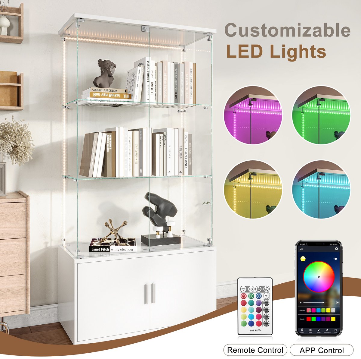 LED-vitrinekast met houten opbergruimte 164x78x35cm 3-laags moderne displaykast, woonkamerkast met 2 deuren, voor boeken, rode wijn en beeldjescollectie, Zwart Verlichtingsstrips (splitsen voor 2 pakketten voor verzending)