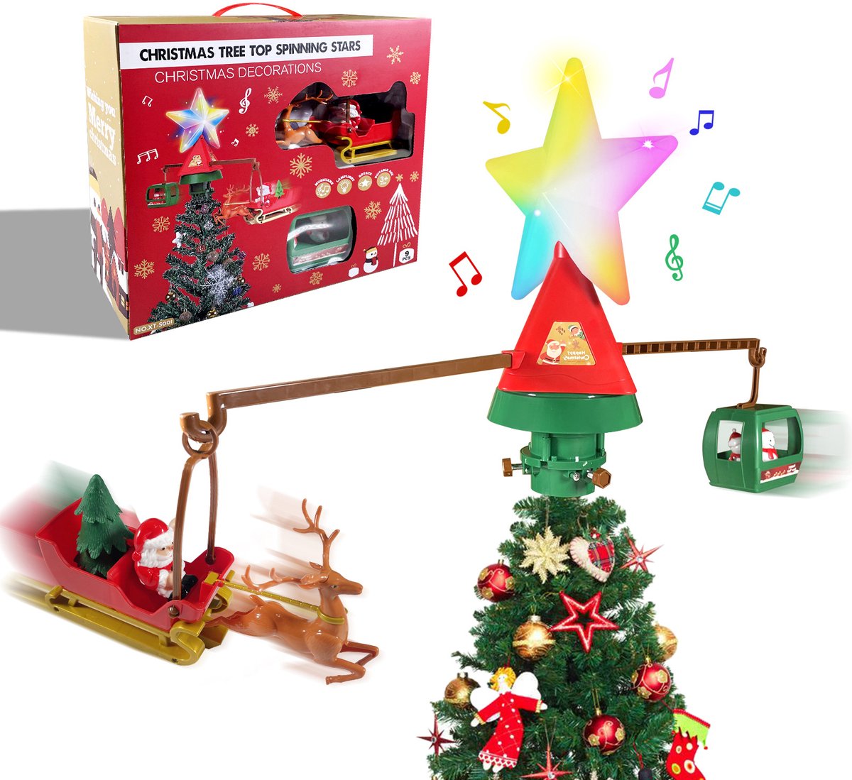 Kerstboomversiering-Kerstboom piek-Kerstboom piek met verlichting-draaiende kerstboomtopper-Veelkleurige lichtgevende kerstster met muziek - geschikt voor kerstboomversiering