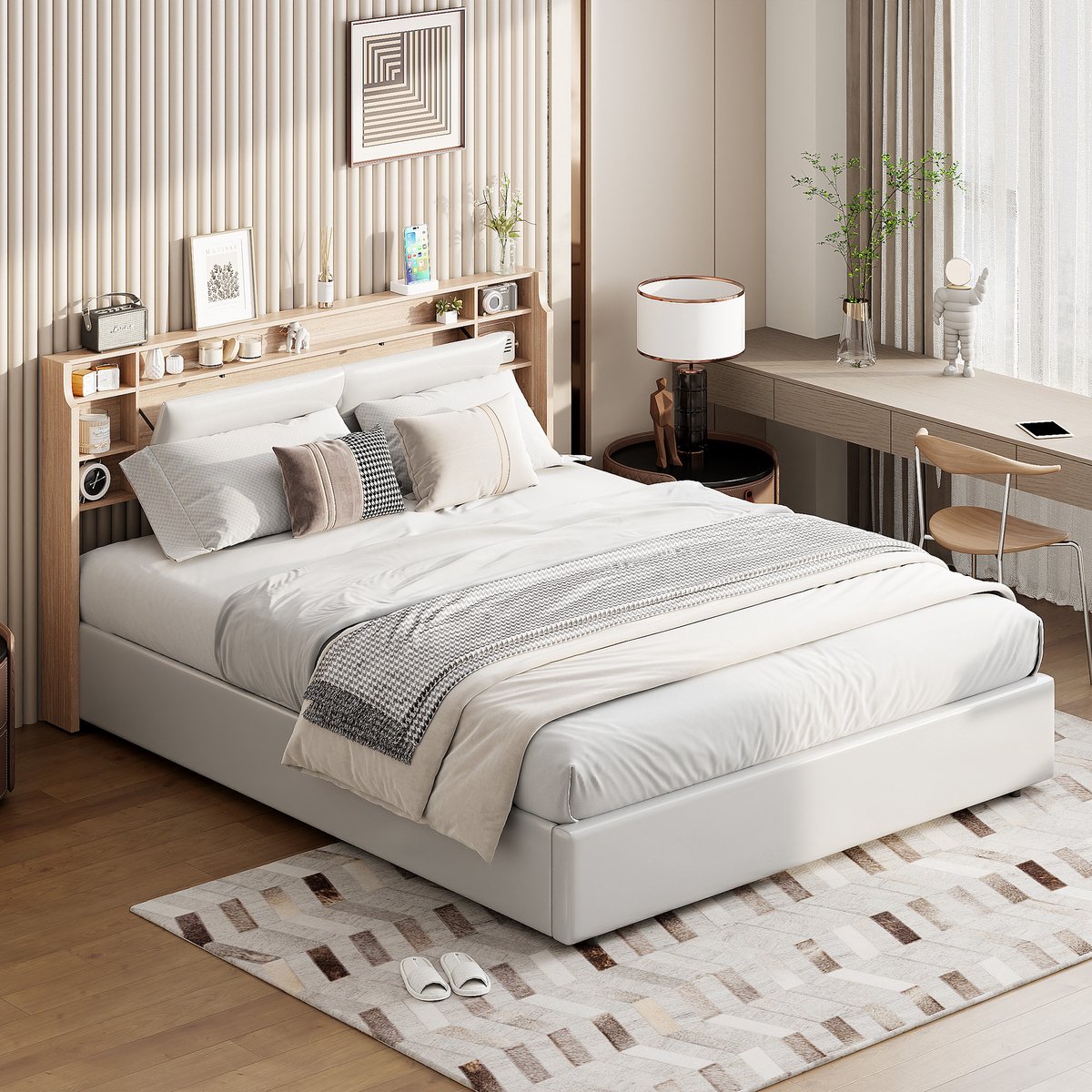 Gestoffeerd bed 160x200cm LED-verlichting Modern Tweepersoons bedframe met hoofdeinde, Wit PU gestoffeerd bedframe, Jeugdbed, 140x200cm, LED-verlichting Hoofdeinde met opbergruimte, Zonder matras (Gesplitst voor 2 pakketten voor verzending)