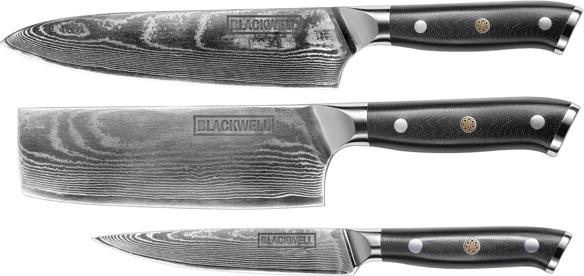 Blackwell Messenset Damascus 3-delig - Koksmes, Groentemes en Officemes - 67 Lagen VG10 Damaststaal - Ergonomisch Handvat