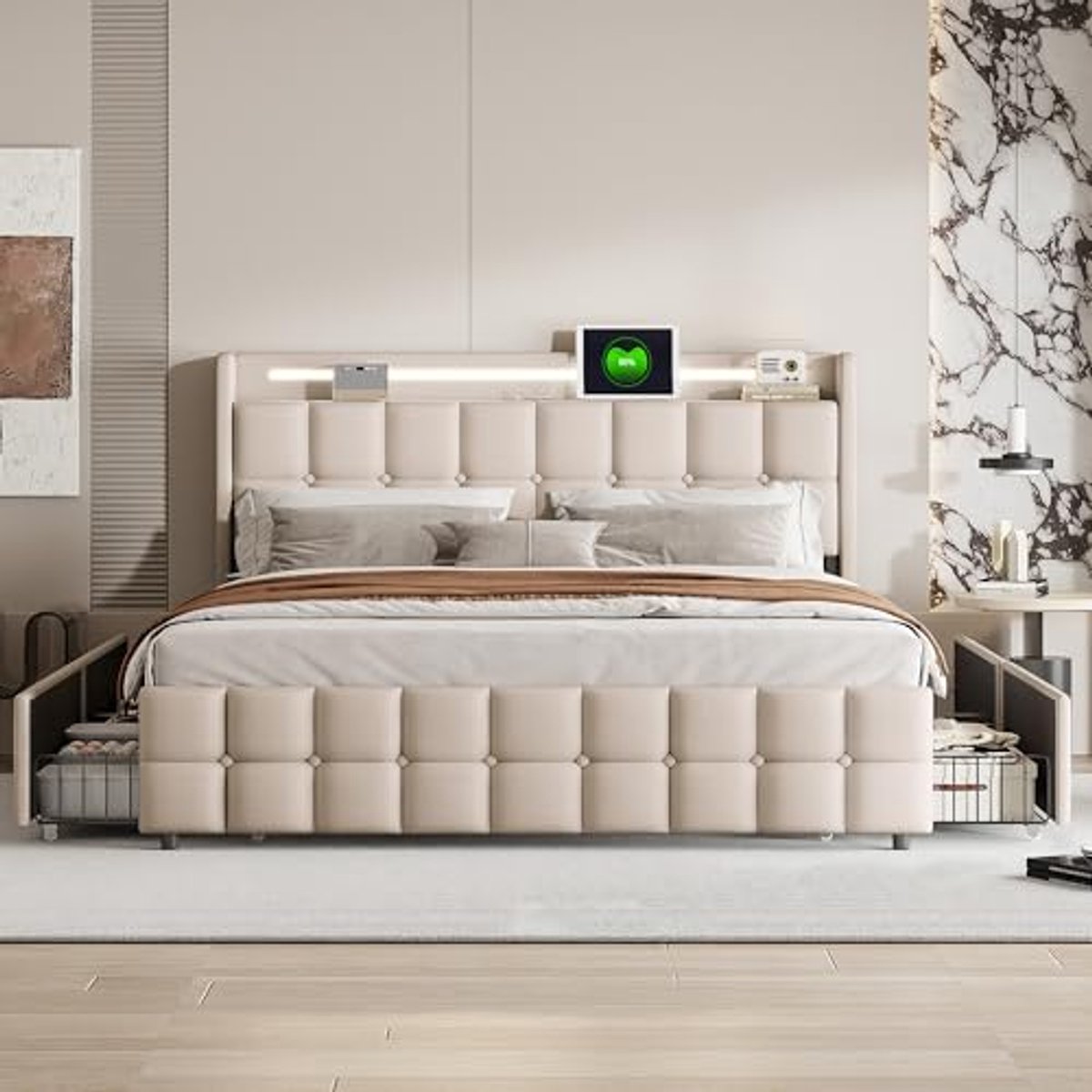 Tweepersoonsbed 180x200 met Opbergruimte, USB-Oplaadfunctie en LED-hoofdeinde