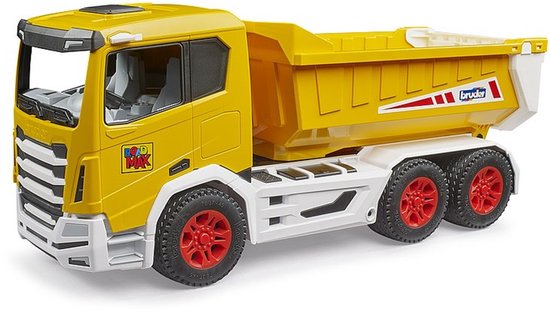 Gele kiepwagen met witte details, rode velgen en een wit/rode opdruk op de laadbak.