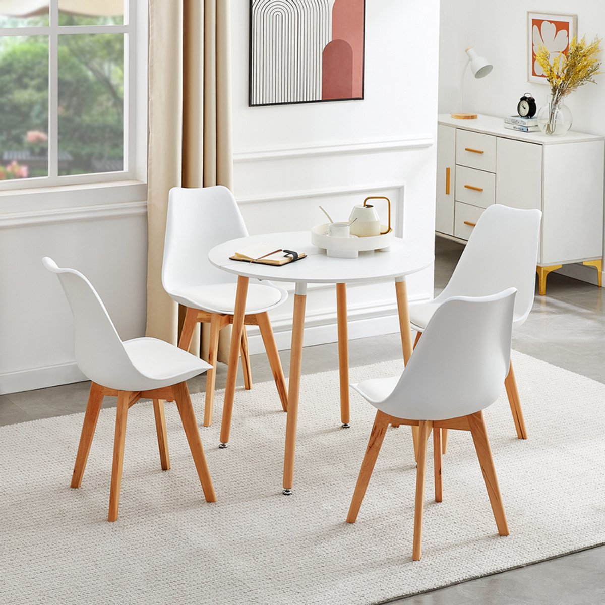 EGGREE Moderne ronde eettafel - Tweedelig bureaublad - Voor 2-4 personen - 80 x 80 x 75 cm - Wit