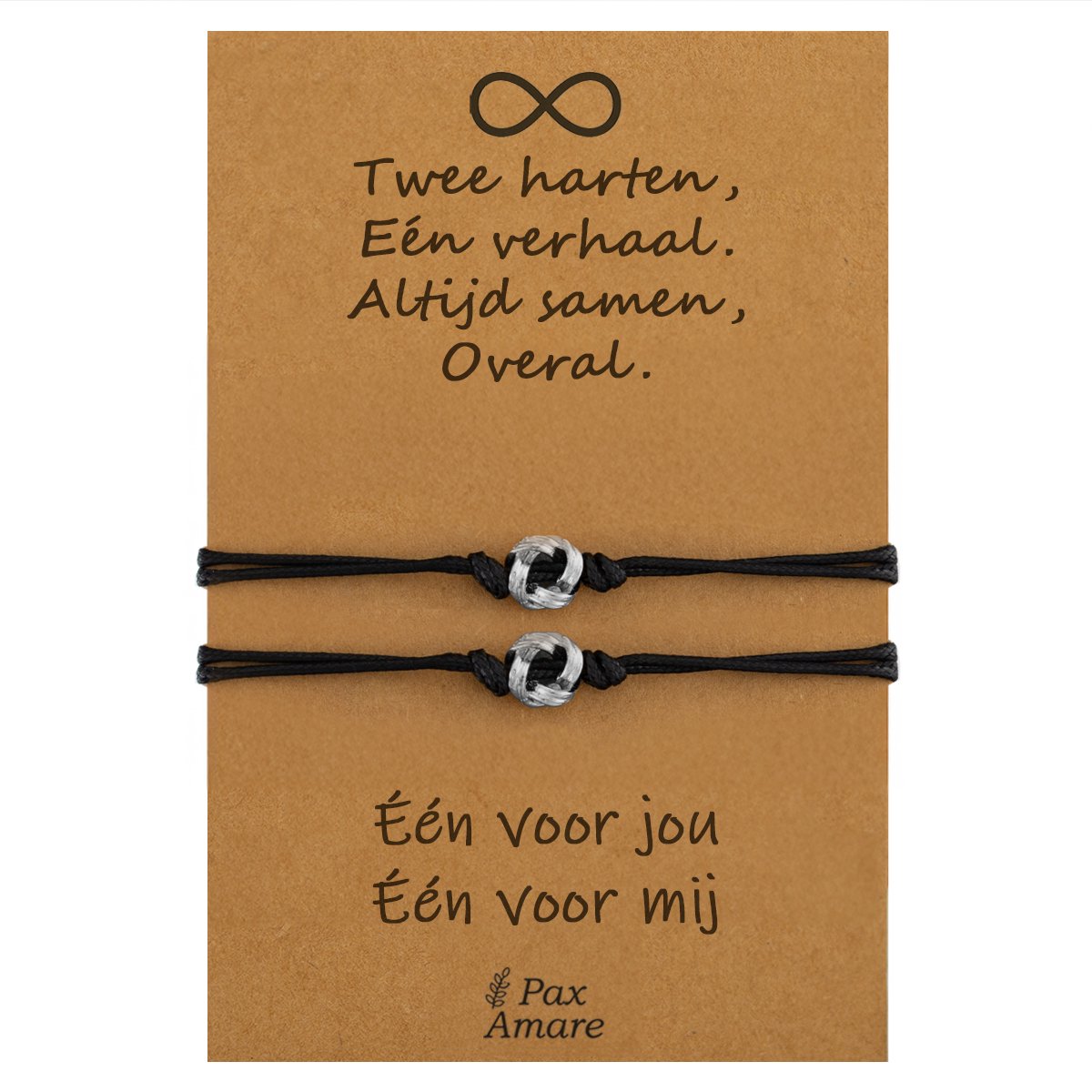 Vriendschapsarmbandjes voor 2 " Twee Harten, Een Verhaal ∞" - Knoopjes - BFF Armbandjes met Persoonlijk Cadeau Kaartje - Zilverkleurig - Elastisch Verstelbaar - Pax Amare