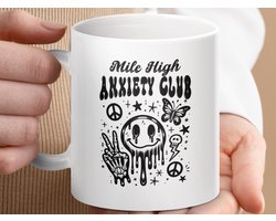 Mok Mile High Anxiety Club, Smiley Face, Skeleton Hand, Butterfly, Peace Sign, Mug, Trendy Mug, Graphic Mug, Funny Mug, Unique Gift