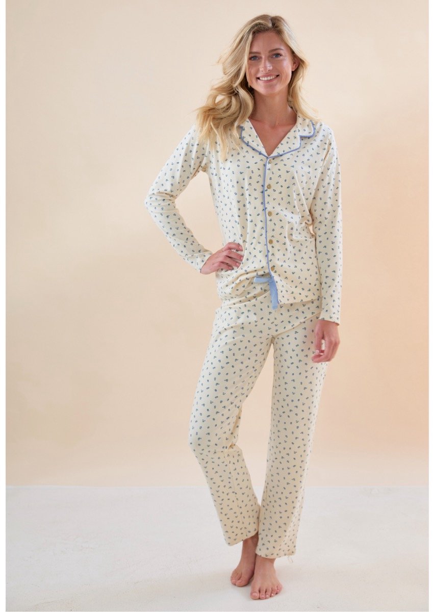 Little Label - donna klassieke pyjama dames - roosjes blauw - L/ 40 - extra zachte bio-katoen