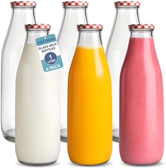 KADAX Melkflessen van glas met schroefdop, 5 stuks, 1 liter, leeg, met brede opening voor het vullen van melk, met glazen deksel
