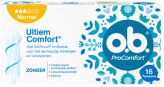 Doosje o.b. ProComfort Normal tampons, 16 stuks, met de tekst 'Ultiem Comfort'.