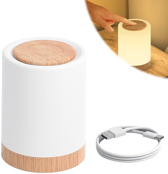 USB Oplaadbaar Nachtlampje - Warm Licht & RGB Kleuren - Timer - Nachtlampje voor de Slaapkamer - Sfeerlamp - LED verlichting - Leeslamp - Tafellamp - Bedlamp voor Baby, Kinderen & Volwassenen - Dimbaar - Touch Control - Houtnerf van HomeTree — afbeelding 2
