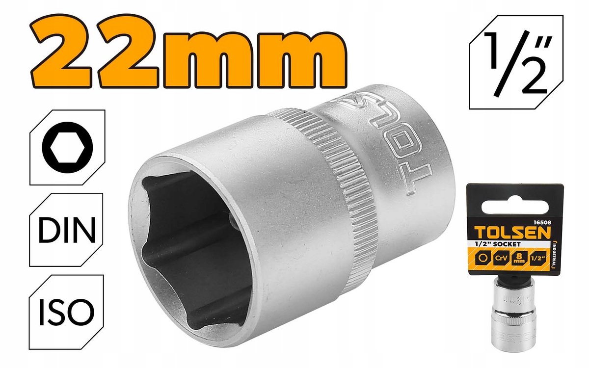 Tolsen 22 mm 6-zijdige dopsleutel 1/2" Cr-V staal