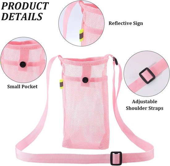 Draagbare waterfles houder met verstelbare riem - Waterfles draagtas voor wandelen gym camping - Lichtgewicht mesh design - Gemakkelijk schoon te maken - Verstelbare schouderriem - Roze - 7,9 x 4,7 inch - Set van 2 stuks — afbeelding 4