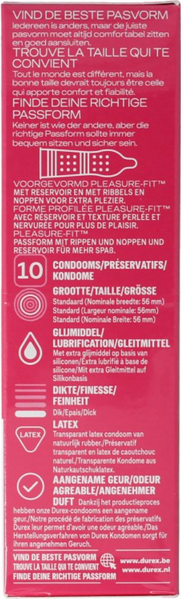 Zijkant Durex Pleasure Me verpakking met informatie over pasvorm, glijmiddel, dikte en latex.