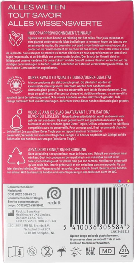 Zijkant van Durex verpakking met "Durex Quality" logo en recycle-symbolen.